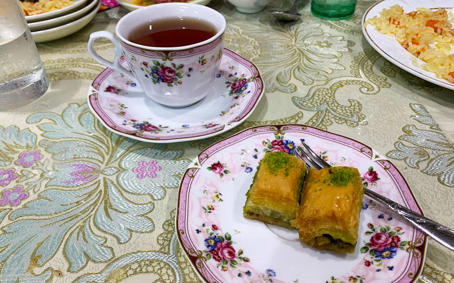 A sweet treat to end the night: tea and baklava from Tenzan Uyghur near Camp Zama, Japan.