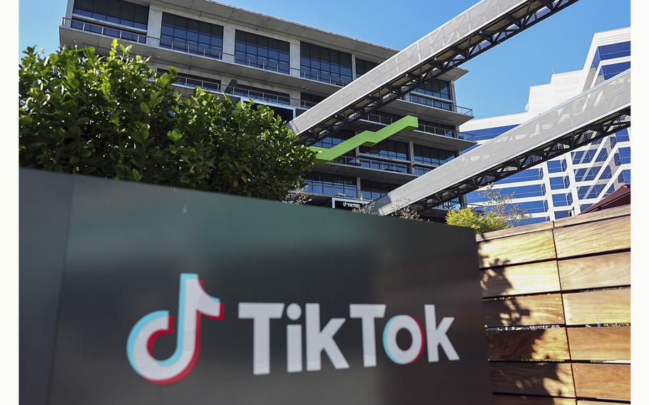 The TikTok logo is displayed outside a TikTok office on Dec. 20, 2022, in Culver City, California. House lawmakers are set to meet in March, 2023, with the CEO of TikTok at a hearing to probe whether one of the most popular apps in the world shares Americans’ data with China.