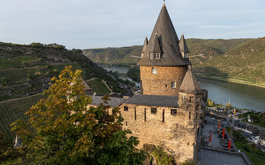 Stahleck Castle towers above the Rhine River in Bacharach, Germany. Now a hostel, the castle is one of four featured in the Legendary Rhine Romance app.  