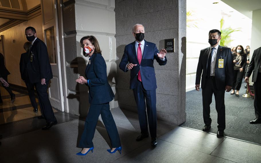 President Joe Biden and Speaker of the House Nancy Pelosi, D-Calif., after a meeting with House Democrats on Oct. 1, 2021. 