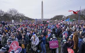 People attend the March for Life rally on the National Mall in Washington, Friday, Jan. 21, 2022. The March for Life, for decades an annual protest against abortion, arrives this year as the Supreme Court has indicated it will allow states to impose tighter restrictions on abortion with a ruling in the coming months. (AP Photo/Susan Walsh)