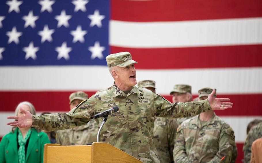 Maj. Gen. David Doyle, the commanding general of the 4th Infantry Division, celebrates the completion of a successful nine-month rotation to South Korea for 2nd Stryker Brigade Combat Team during a short speech at Fort Carson, Colo., Tuesday, March. 5, 2024.