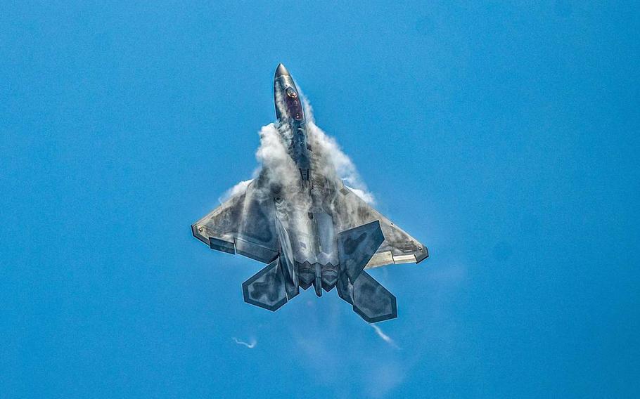 An F-22 Raptor the fastest and most maneuverable fighter jet in the world flies in a demonstration during the 2023 Fort Lauderdale Air Show on April 29, 2023.