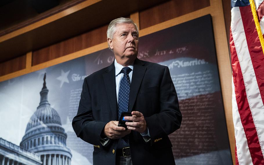 Sen. Lindsey Graham, R-S.C., arrives for a press conference on Capitol Hill on Dec. 10, 2021, in Washington, D.C. 