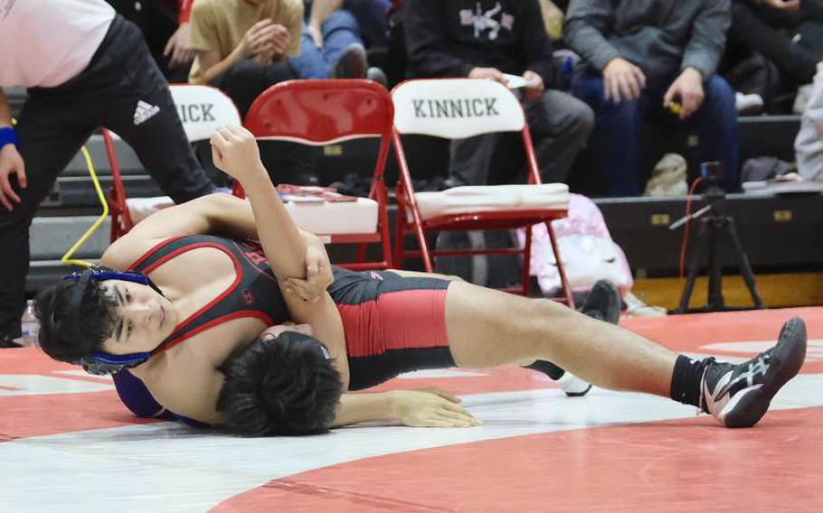 Josh Hernandez of host Nile C. Kinnick  pinned Shonan Military Academy’s Sota Yamanaka to win the Beast of the East 168-pound weight class.