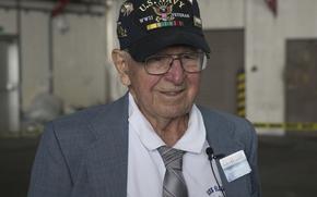 U.S. Navy veteran Bob Persichitti attends the 74th Reunion of Honor ceremony on Iwo To, Japan, March 23, 2019. Persichitti watched the Marines raise the American flag on Mt. Suribachi during the Battle of Iwo Jima. The Reunion of Honor ceremony is held annually to commemorate the heroism and sacrifices made by service members during the Battle of Iwo Jima and World War II. Persichitti, is a native of Uniontown, Pennsylvania. (U.S. Marine Corps photo by Sgt. Mark Gibson)