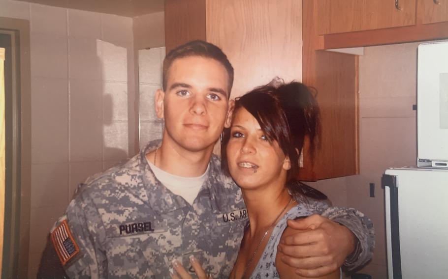 Ashleigh Carlin hugs her brother, Army Cpl. Michael Pursel, before his deployment to Iraq in 2007. He was killed in action later that year.