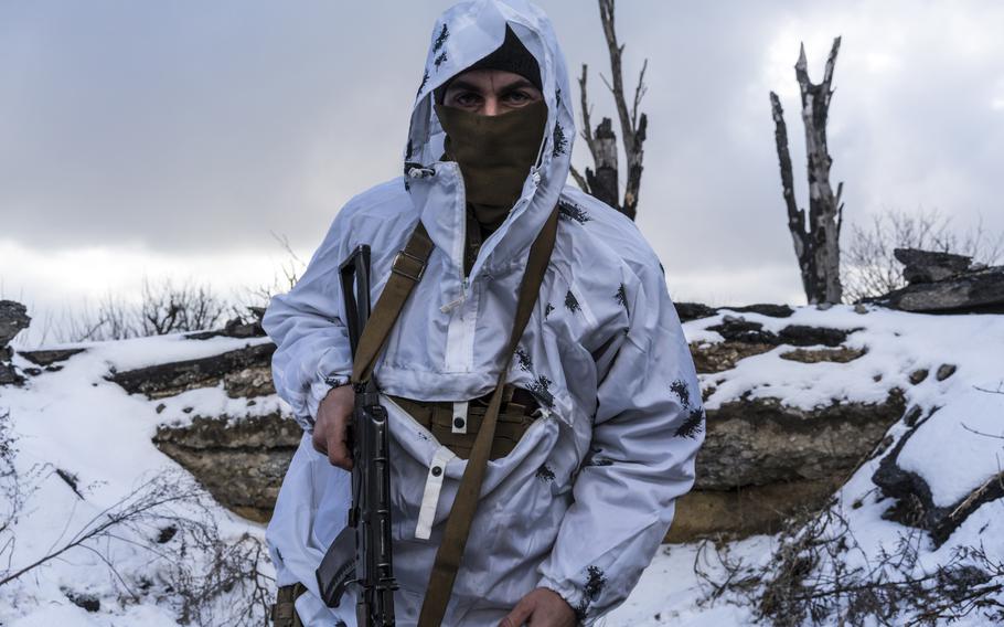 Anatoliy, a Ukrainian soldier with the 56th Brigade, in a trench on the front line on Jan. 18, 2022 in Pisky, Ukraine. Negotiations this week between Russia and the U.S. over the prospect of a Russian invasion of Ukraine ended inconclusively. 