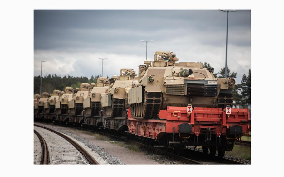 U.S. M1A1 Abrams tanks arrive at Grafenwoehr, Germany, on May 12, 2023. The tanks were to be used for training of Ukrainian armed forces personnel. According to reports on Saturday, April 27, 2024, Ukraine has sidelined the U.S. Abrams tanks it has due to the threat from Russian drone attacks.