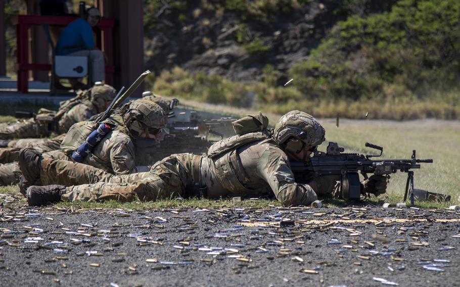 U.S. Army soldiers with Bravo Company, 75th Ranger Regiment, engage targets during a live fire exercise at Marine Corps Base Hawaii Range Training Facility, March 15, 2023. The 75th Ranger Regiment was able to conduct jungle warfare training as well as knowledge sustainment through the use of MCBH’s unique training ranges.