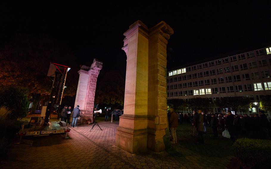Speakers read witness accounts of the Nazi persecution of Jews in Kaiserslautern during a memorial ceremony in Kaiserslautern, Germany, Nov. 9, 2021. The event commemorated the destruction of the city's synagogue 83 years ago. 