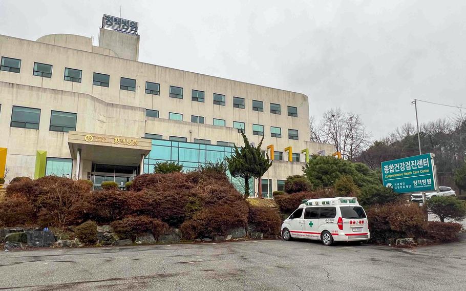 An ambulance waits outside a hospital in Pyeongtaek, South Korea, Feb. 20, 2024.