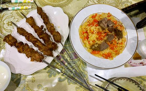 Kawaplar, or lamb skewers, and polo, an Uygher-style pilaf, are well-known Uyghur dishes.
