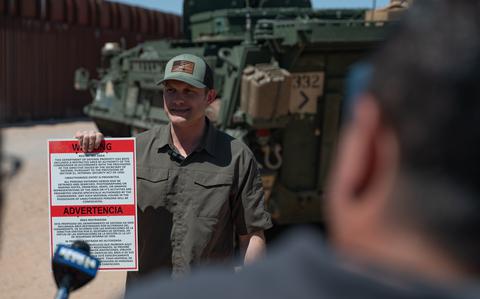 U.S. Secretary of Defense Pete Hegseth speaks to the press about the establishment of the New Mexico National Defense Area (NMNDA) along the southern border near Santa Teresa, N.M., April 25, 2025. U.S. Northern Command (USNORTHCOM) service members have been delegated the authority and directed to conduct installation security support operations in the NMNDA. Under the direction of USNORTHCOM, Joint Task Force – Southern Border's mission is to secure the territorial integrity of the southern border of the United States. USNORTHCOM is working together with the Department of Homeland Security to augment U.S. Customs and Border Protection along the southern border with additional military forces and unique military capabilities. (U.S. Army photo by Spc. Michael Graf)