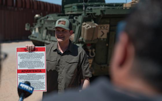 U.S. Secretary of Defense Pete Hegseth speaks to the press about the establishment of the New Mexico National Defense Area (NMNDA) along the southern border near Santa Teresa, N.M., April 25, 2025. U.S. Northern Command (USNORTHCOM) service members have been delegated the authority and directed to conduct installation security support operations in the NMNDA. Under the direction of USNORTHCOM, Joint Task Force – Southern Border's mission is to secure the territorial integrity of the southern border of the United States. USNORTHCOM is working together with the Department of Homeland Security to augment U.S. Customs and Border Protection along the southern border with additional military forces and unique military capabilities. (U.S. Army photo by Spc. Michael Graf)