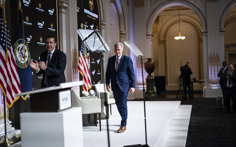 House Speaker Kevin McCarthy (R-Calif.) departs after speaking about the debt ceiling at the New York Stock Exchange on April 17, 2023.