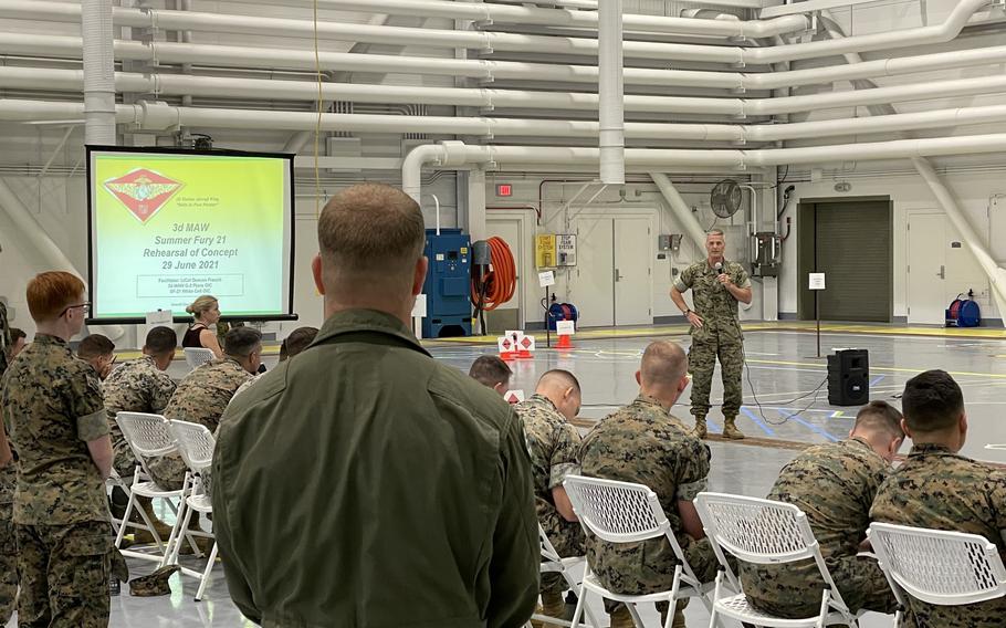U.S. Marine Maj. Gen. Christopher J. Mahoney, commanding general of 3rd Marine Aircraft Wing, gives remarks during the Summer Fury 21 rehearsal of concept brief at Marine Corps Air Station Miramar, Calif., June 29, 2021. Summer Fury is an exercise that allows 3rd MAW to support I Marine Expeditionary Force in a maritime campaign. 