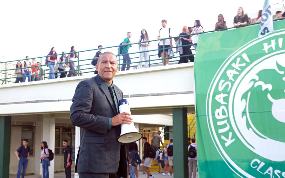 Kubasaki High School principal James Strait directs students on the first day of classes at Camp Foster, Okinawa, Monday, Aug. 21, 2023.