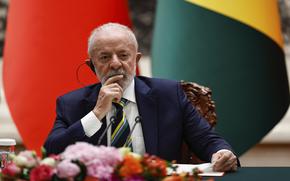 Brazil's President Luiz Inacio Lula da Silva attends a joint press conference with Chinese President Xi Jinping (not pictured) at the Great Hall of the People in Beijing, China, Tuesday, May 13, 2025.  (Tingshu Wang/Pool Photo via AP) 
