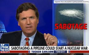 A video screen grab shows Fox News host Tucker Carlson speaking during a segment on the Nord Stream gas leaks in the Baltics.