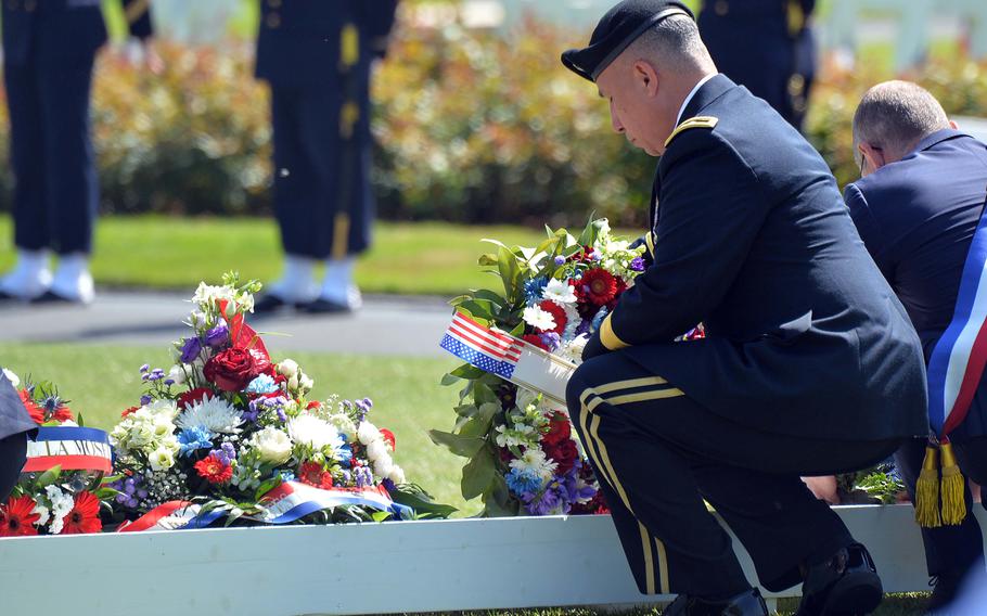 Maj. Gen. Stephen Maranian, commander of 56th Artillery Command, lays a wreath at the Memorial Day ceremony at Lorraine American Cemetery in St. Avold, France, May 28, 2023.