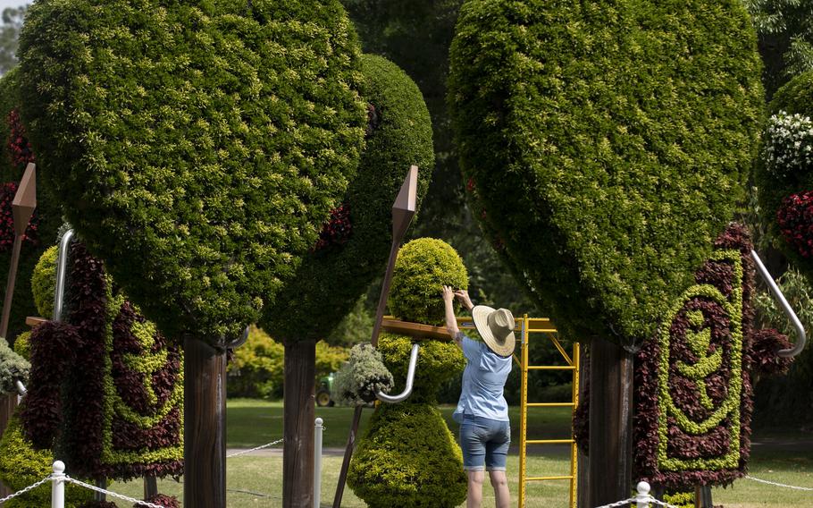 Marianne Spengler works on plants the “Alice’s Adventures in the Garden” exhibit at Memphis Botanic Garden May 10 in Memphis, Tenn. The exhibit will remain open until Oct. 31. 