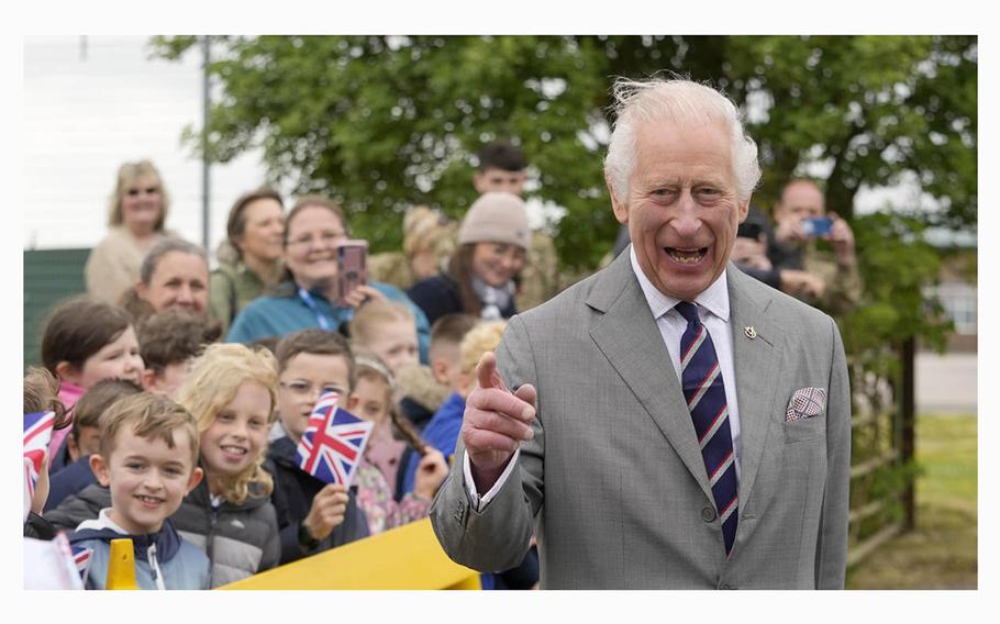 King Charles III arrives for a visit to Army Aviation Centre at Middle Wallop, Hampshire, to officially hand over the role of Colonel-in-Chief of the Army Air Corps to the Prince of Wales on Monday, May 13, 2024.