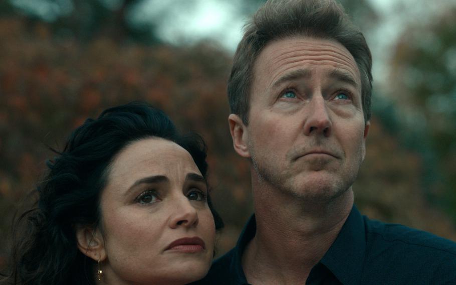 Edward Norton and Mia Maestro appear in a scene from “Extrapolations.” Other members of the star-studded cast include: Daveed Diggs, Sienna Miller, Tahar Rahim, Matthew Rhys, David Schwimmer, Diane Lane, Edward Norton, Indira Varma, Keri Russell, Gemma Chan, Marion Cotillard, Eiza González, Tobey Maguire, Forest Whitaker and, last but not least, Meryl Streep. 