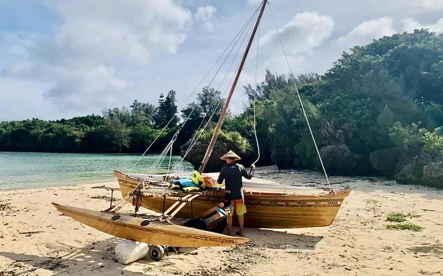 An outrigger sailing canoe built by Tom Burkard of Okinawa, Japan.