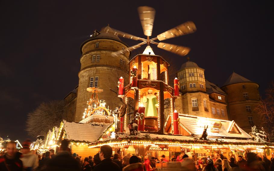 A Christmas pyramid at the Christmas Market in Stuttgart, Germany, Dec. 7, 2012. The celebrated seasonal event has again been canceled as the region grapples with how to curtail the fast-rising number of coronavirus cases in the area.