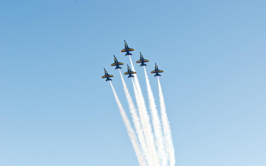 The Navy’s Blue Angels soar in formation over Levi's Stadium during Super Bowl 50 in Santa Clara, Calif., Feb. 7, 2016.