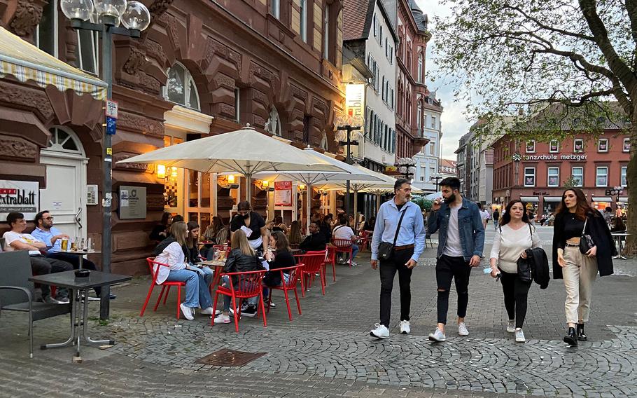 Downtown Kaiserslautern, Germany, in early June 2021. In the area, where tens of thousands of U.S. military personnel and families live, more coronavirus restrictions were to ease starting June 11.