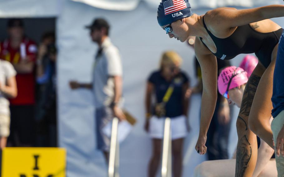 Sgt. 1st Class Elizabeth Marks prepares for the women’s breast stroke finals, in which she took a gold medal, at the ESPN Wide World of Sports complex at Walt Disney World, Orlando, Fla., on May 11, 2016.