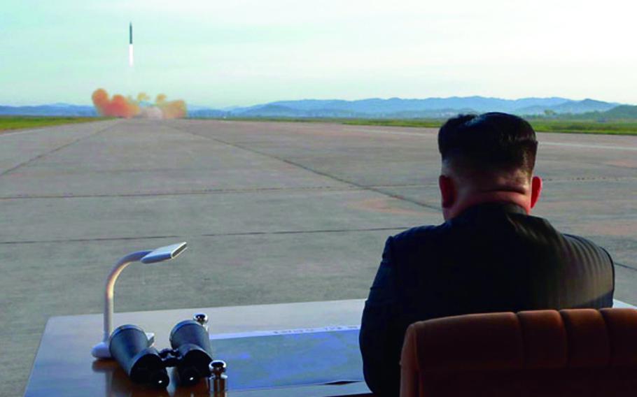 This image of North Korean leader Kim Jong Un watching a missile launch was released by the Korean Central News Agency in September 2017. 