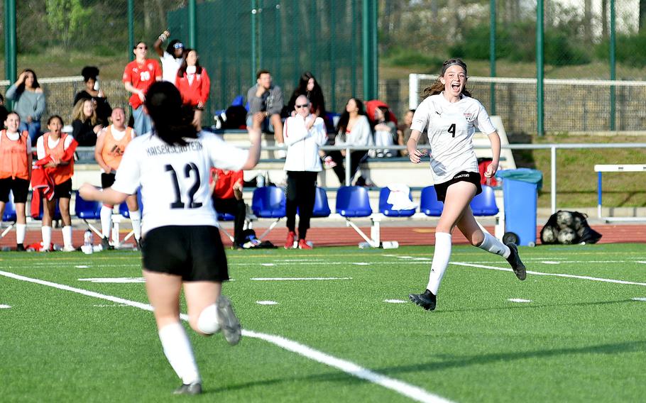 Kaiserslautern sophomore Ryann Phillips celebrates her goal during a match against the Royals on April 12, 2024, at Ramstein High School on Ramstein Air Base, Germany.