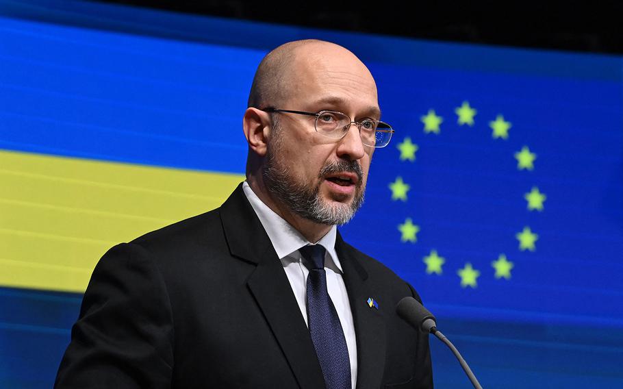 Prime Minister of Ukraine Denys Shmyhal speaks during a press conference during an EU-Ukraine Association Council meeting at the EU headquarters in Brussels on Sept. 5, 2022. 