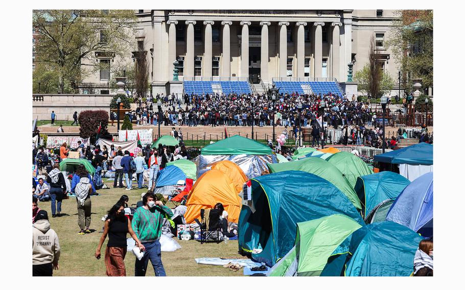 People rally and camp at Columbia University, occupied by pro-Palestian protesters, in New York on Monday, April 22, 2024. 