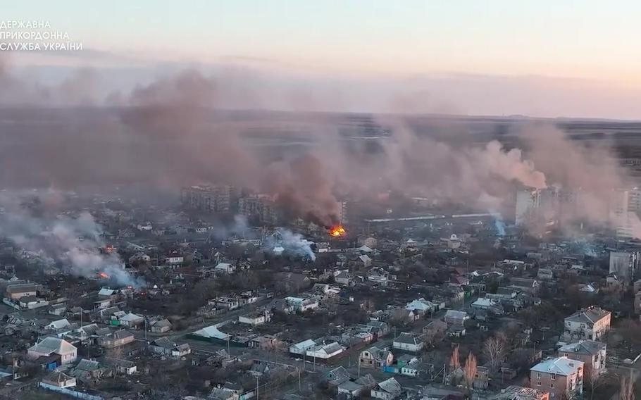 A screenshot from a video taken by the State Border Guard Service of Ukraine showing the destruction in Bakhmut, Ukraine, on April 5, 2023. 