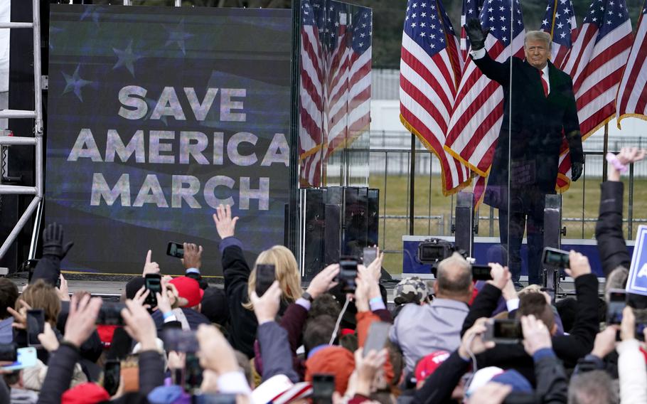 President Donald Trump arrives to speak at a rally in Washington on Jan. 6, 2021.