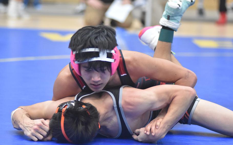 Kaiserslautern’s Joshua Kim went unbeaten at 126 pounds Friday, Dec. 9, 2024, at the DODEA European Wrestling Championships, including a victory over Spangdahlem’s Troy Truscott.
