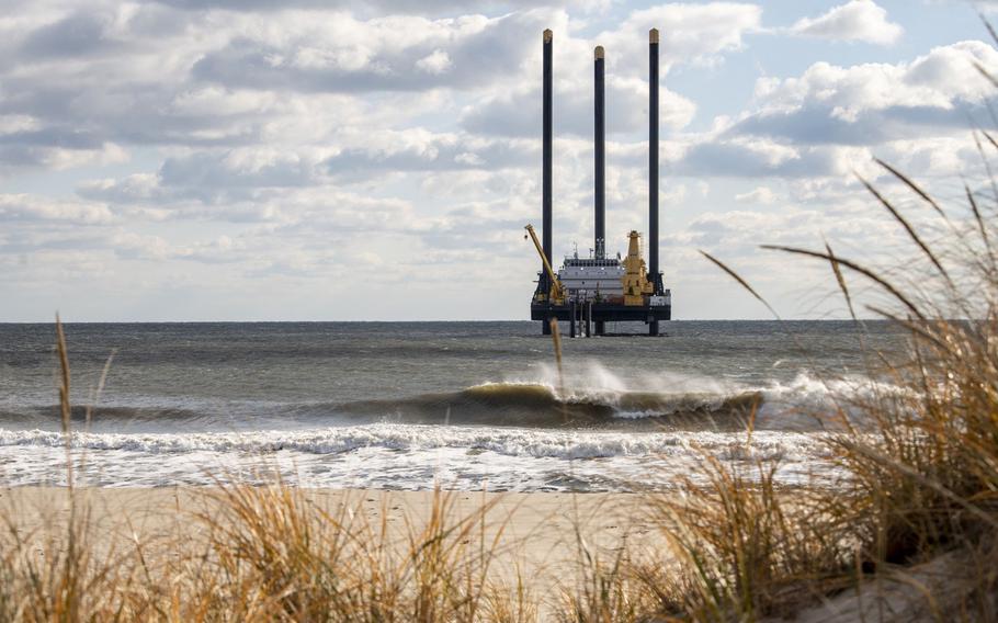 A lift boat used in the construction of the South Fork Wind farm near Wainscott, New York. 