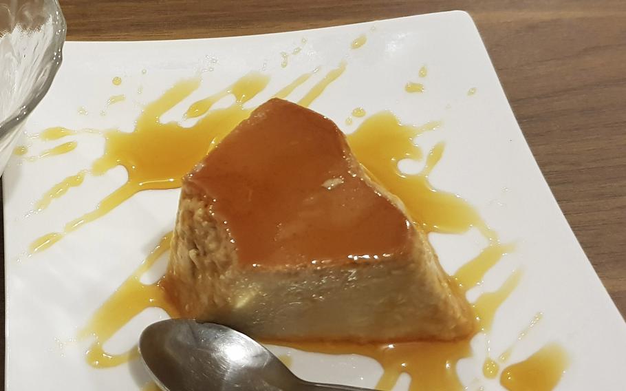 Crema volteada, a sweet and creamy Peruvian flan or custard dessert from Misky, a Peruvian restaurant near Yokota Air Base in western Tokyo. 