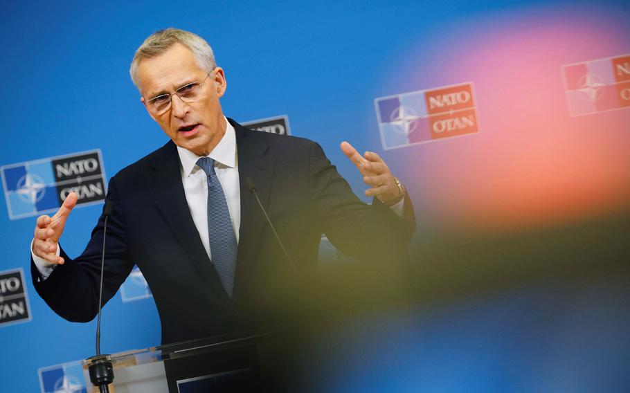 NATO Secretary-General Jens Stoltenberg answers a question Nov. 27, 2023, at a news conference in Brussels on the eve of a meeting at alliance headquarters featuring U.S. Secretary of State Antony Blinken and NATO country foreign ministers.