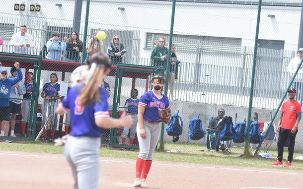 Ramstein junior Kelsey Moya watches her throw head to first Friday, May 23, 2025, during the championship game of the DODEA-Europe Division I softball championships at Kaiserslautern, Germany. Moya tossed a no-hitter with nine strikeouts in the Royals' 10-0 victory.