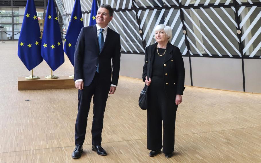 Paschal Donohoe, Ireland’s finance minister, left, and Janet Yellen, U.S. Treasury secretary, arrive at a Eurogroup meeting of European Union (EU) finance ministers in Brussels on July 12, 2021.