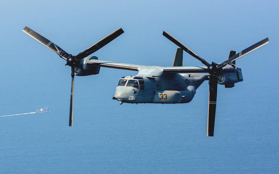 A U.S. Marine Corps MV-22 Osprey from the 13th Marine Expeditionary Unit flies over the USS Makin Island during the Ssangyong Exercise at Pohang, South Korea, March 28, 2023. 