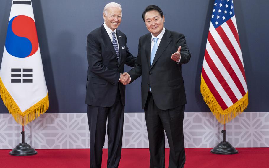 President Joe Biden was photographed with South Korean President Yoon Suk Yeol during a summit in Seoul, May 21, 2022. 