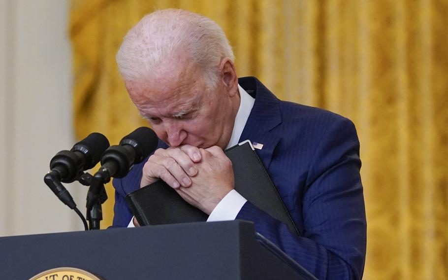 President Joe Biden pauses Aug. 26, 2021, as he speaks from the East Room of the White House about the bombings at the Kabul airport in Afghanistan that killed at least 13 U.S. service members. 