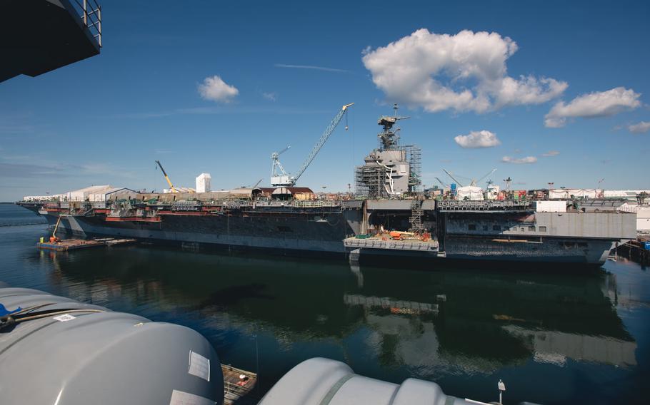 A look at the future Navy aircraft carrier in port.
