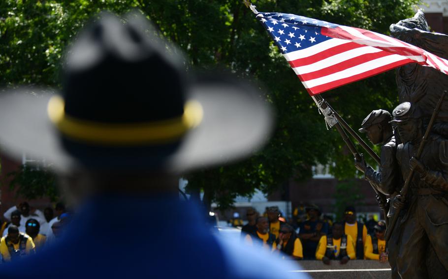The U.S. flag is seen at the African American Civil War Memorial in Washington, D.C., on May 29. The Buffalo Soldiers, who are African American motorcyclists from across the country, came to the memorial to honor the people of color who paid the ultimate price for freedom in this country. 